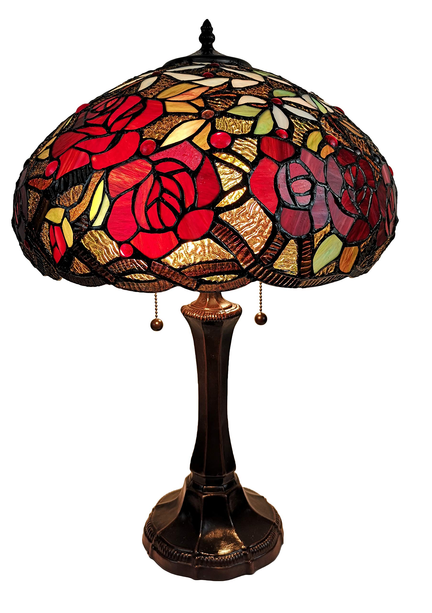 Amora Lighting Tiffany Style Table Lamp Banker 24" Tall Stained Glass Yellow Brown Red Floral Roses Vintage Light Décor Nightstand Living Room ...