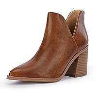 FISACE Womens Pointed Toe Stacked Mid Heel Ankle Boots V Cut Back Zipper Faux Leather Booties