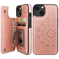 Vaburs Compatible with iPhone 13 Case Wallet with Card Holder, Embossed Mandala Pattern Flower PU Leather Double Buttons Flip Shockproof Cover for Magnetic Car Mount 6.1 Inch (Rose Gold)