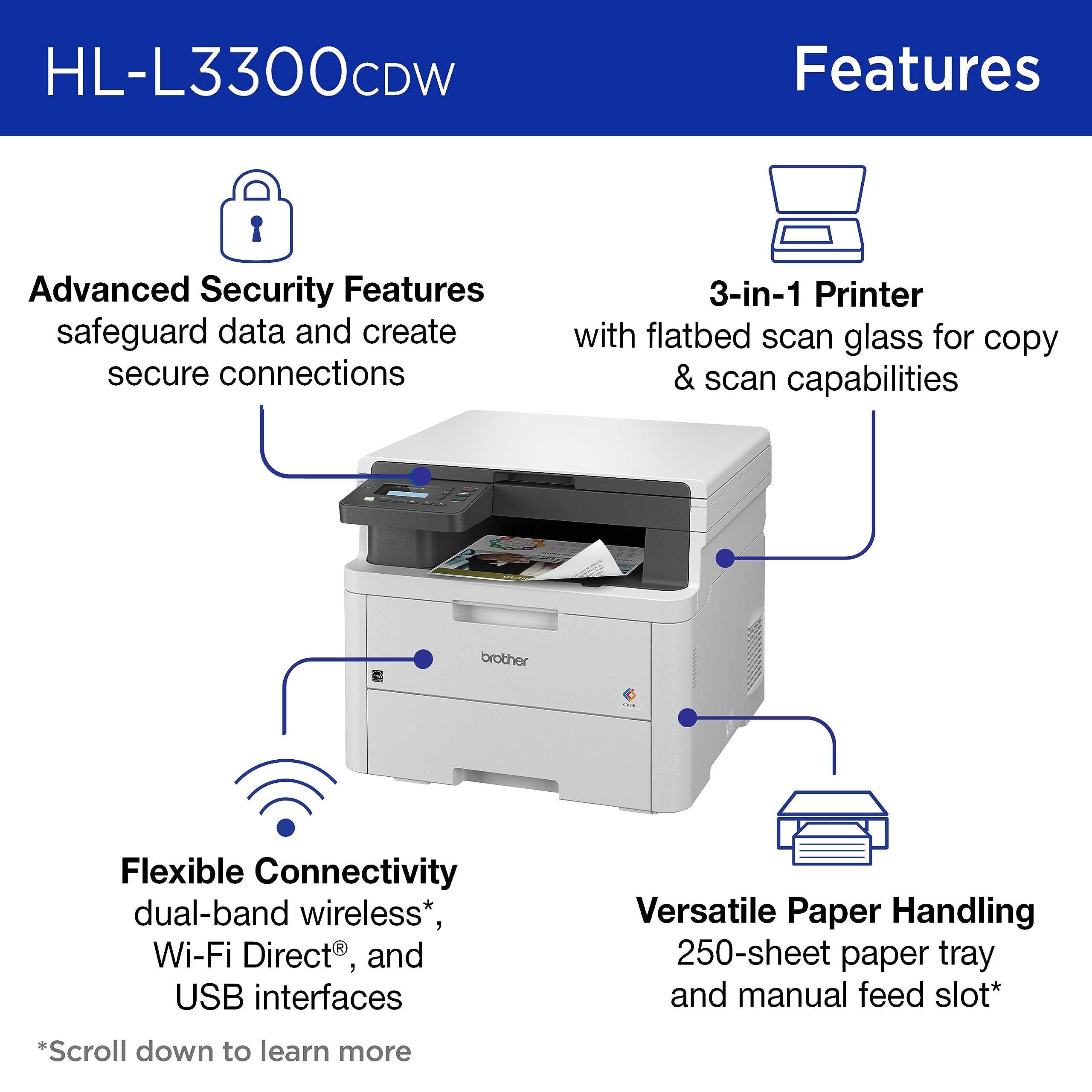 Brother HL-L3300CDW Wireless Digital Color Multi-Function Printer with Laser Quality Output, Copy & Scan, Duplex, Mobile | Includes 4 Month Refresh Subscription Trial ¹ Amazon Dash Replenishment Ready