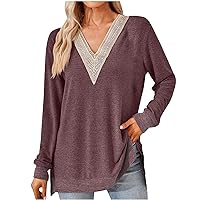 YZHM Women's Casual Tops Long Sleeve Shirts Patchwork V Neck Tunic Tops Loose Flowy Tshirts Soft Comfy Tees Fashion Blouses