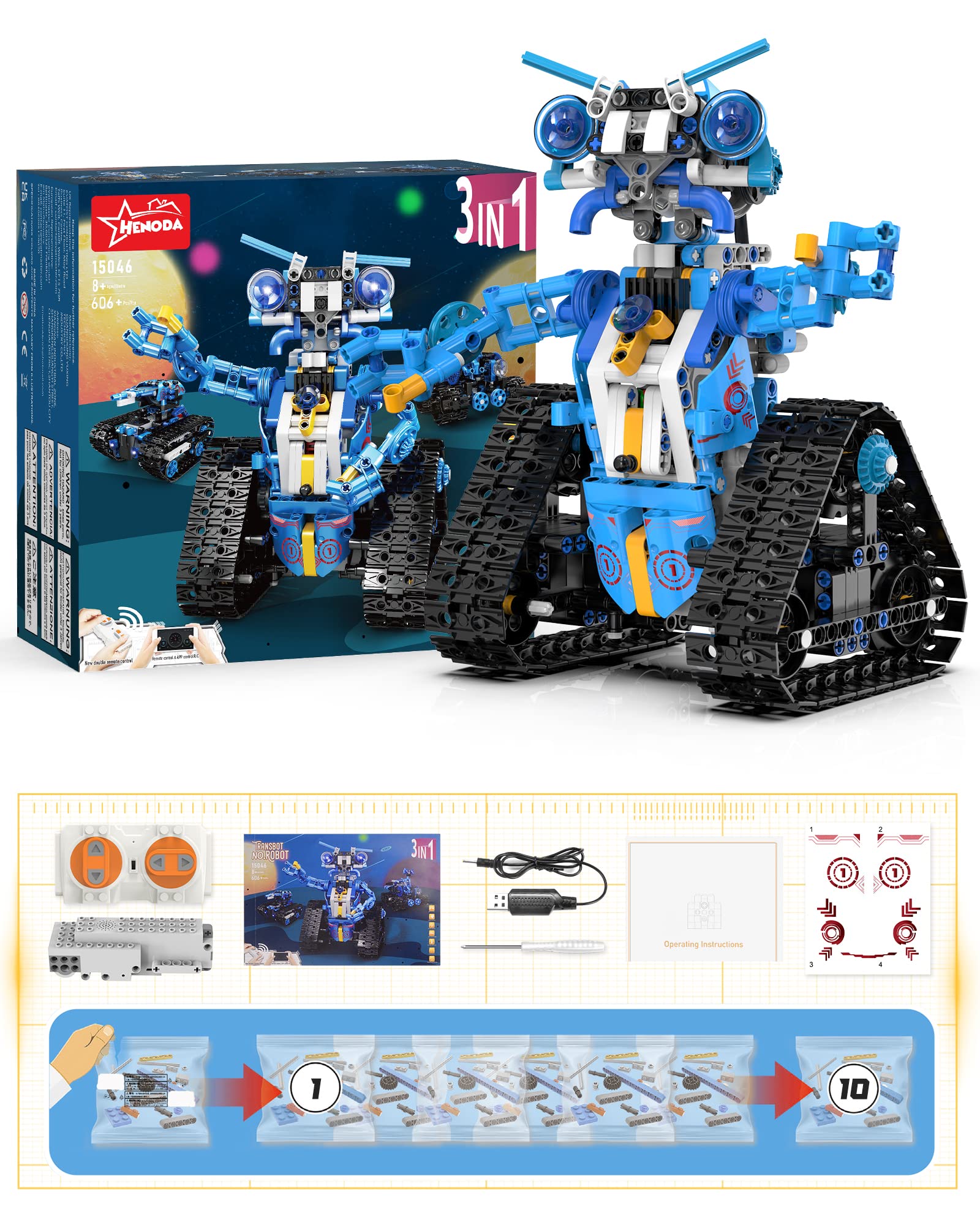 Henoda STEM Projects for Kids Ages 8-12, 3 in 1 APP Remote Control Car/Programmable Robot/Tank Transformer Toys for Teenage, Building Block Science Kit Educational Birthday Gift for Boys Girls 9-16