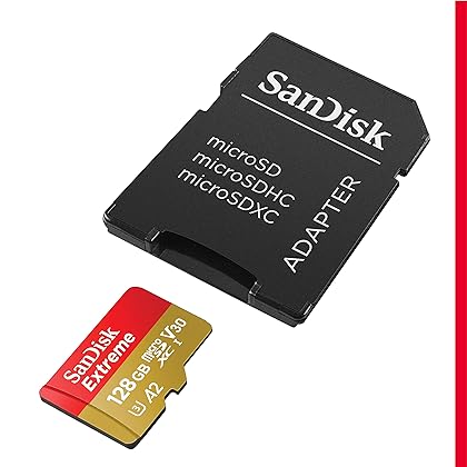 SanDisk 128GB Extreme microSDXC UHS-I Memory Card with Adapter - Up to 160MB/s, C10, U3, V30, 4K, A2, Micro SD - SDSQXA1-128G-GN6MA