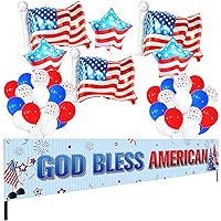 Big, 4th of July Balloons - Pack of 34, USA Balloons | God Bless American Banner - 120x20 Inch | American Flag Balloons for 4th of July Decorations | 4th of July Party Decor | 4th of July Yard Banner