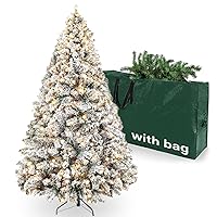 6.5ft Pre-Lit Snow Flocked Christmas Tree, Artificial Xmas Tree W/Storage Bag, Metal Stand, for Home Office Party Decoration