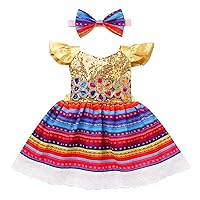 Toddler Baby Girl Mexican Dress Traditional Folklorico Cinco De Mayo Sequins Ruffle Dress and Bow Headband 2PCS