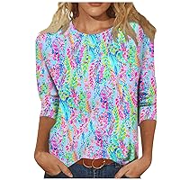 3/4 Sleeve Tops for Women Summer Women's Fashion Floral Print Top Marble Pattern Loose Round Neck 3/4 Sleeve T-Shirt