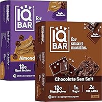 IQBAR Brain and Body Keto Protein Bars - Chocolate Sea Salt and Almond Butter Chip - 12 Count Energy Bars - Low Carb Protein Bars - High Fiber Vegan Bars Low Sugar Meal Replacement Bars