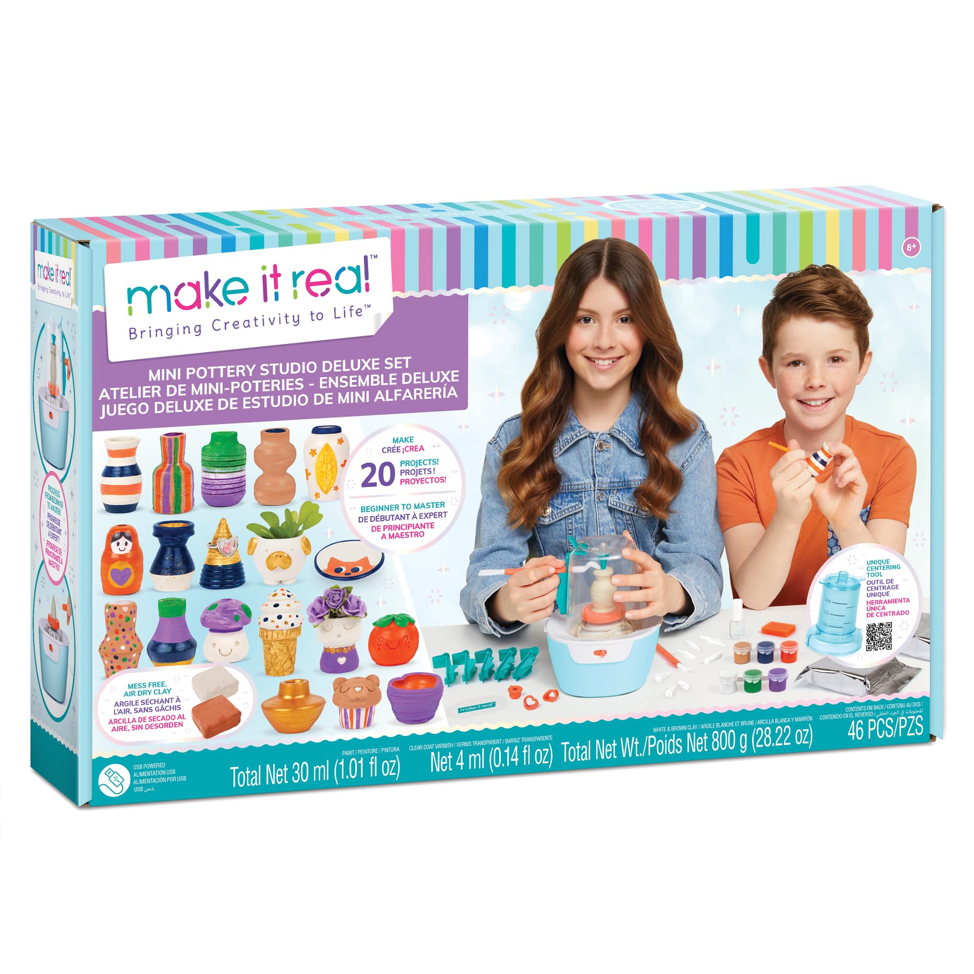 Make It Real: Mini Pottery Studio Deluxe Set - DIY All-in-1 Sculpting Craft Kit, All Skill Levels, Miniature Clay Projects, Kids Girls & Tweens Age 8+