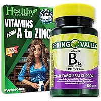 Spring Valley Vitamin B12 Supplement 500 mcg 100 Tablets and Vital Volumes Vitamins A to Zinc Tips Card | Bundle