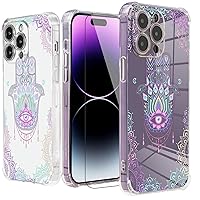 Purple Case for iPhone 14 Pro Max with Lucky Hand Design,Floral Eyes Pattern with Screen Protector [Buffertech 6.6 ft Drop Impact] Soft TPU Protective Case for iPhone 14 Pro Max 6.7