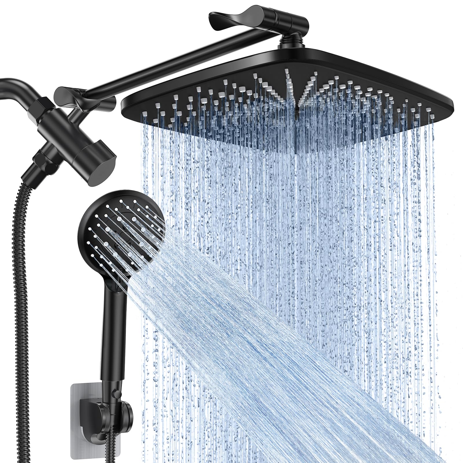 Veken 12 Inch High Pressure Rain Shower Head Combo with Extension Arm- Wide Rainfall Showerhead with 5 Handheld Water Spray - Adjustable Dual Showerhead with Anti-Clog Nozzles - Matte Black