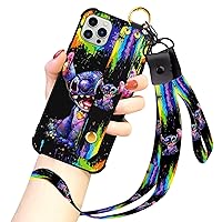 Cartoon Case for iPhone 13 Pro Max Case 6.7 Inch Cute Colorful Stitch Cartoon Character Design with Lanyard Wrist Strap Band Holder Shockproof Protection Bumper Kickstand Cover