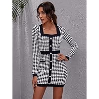 Dresses for Women Dress Women's Dress Button Front Houndstooth Bodycon Dress Dresses (Color : Black and White, Size : Large)