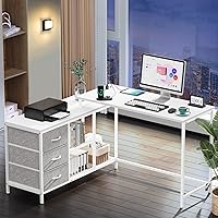 SUPERJARE L Shaped Desk with Power Outlets, Computer Desk with Drawers & Shelves, Corner Desk Gaming Desk Home Office Desk, White