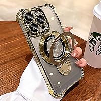 Four Corners Anti-Drop Magnetic Bracket Case Cover for iPhone 15 Pro,Slim Magnetic Invisible Stand Case,Electroplating Transparent Shockproof Case (Gold, for iPhone15)