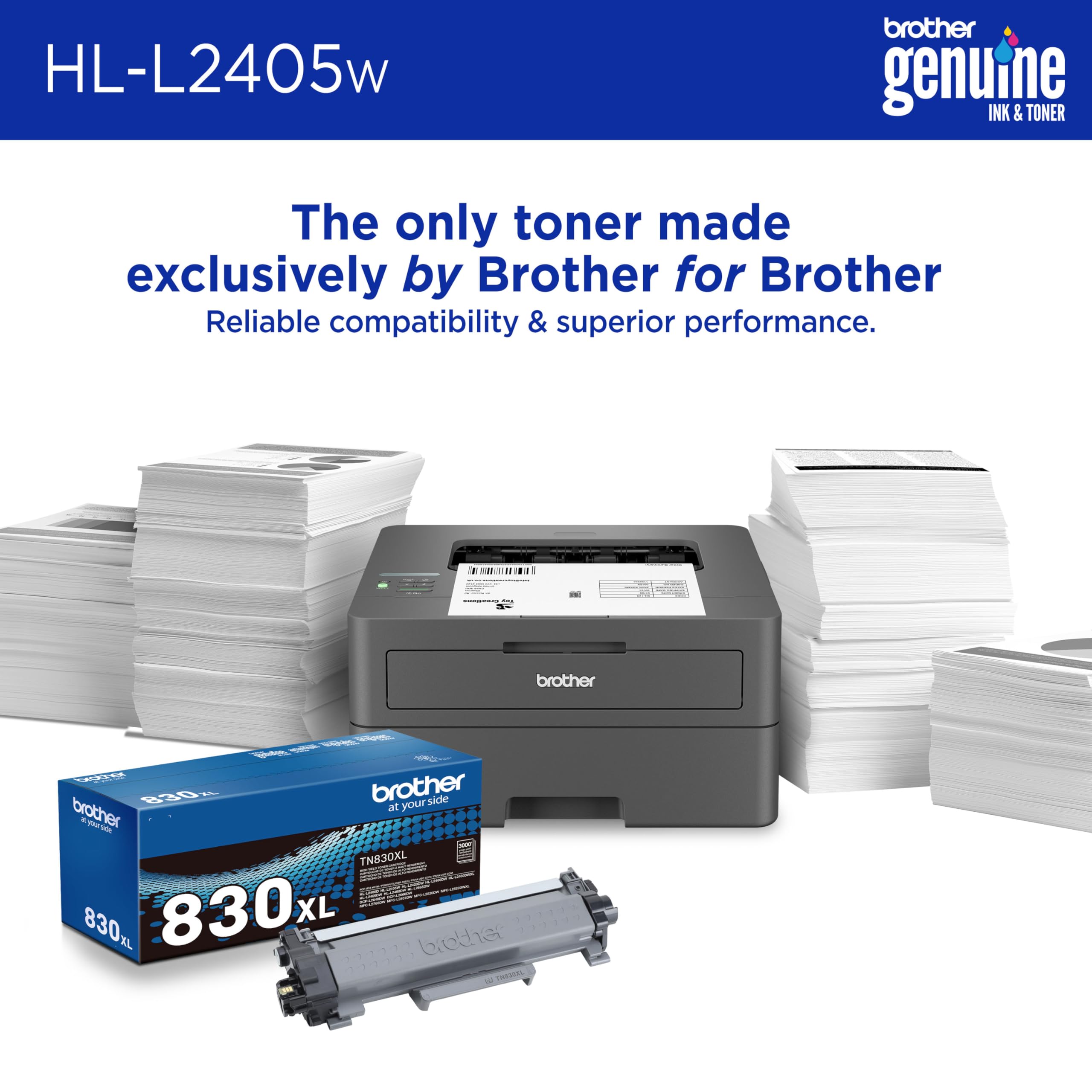 Brother HL-L2405W Wireless Compact Monochrome Laser Printer with Mobile Printing, Black & White Output | Includes Refresh Subscription Trial(1), Amazon Dash Replenishment Ready