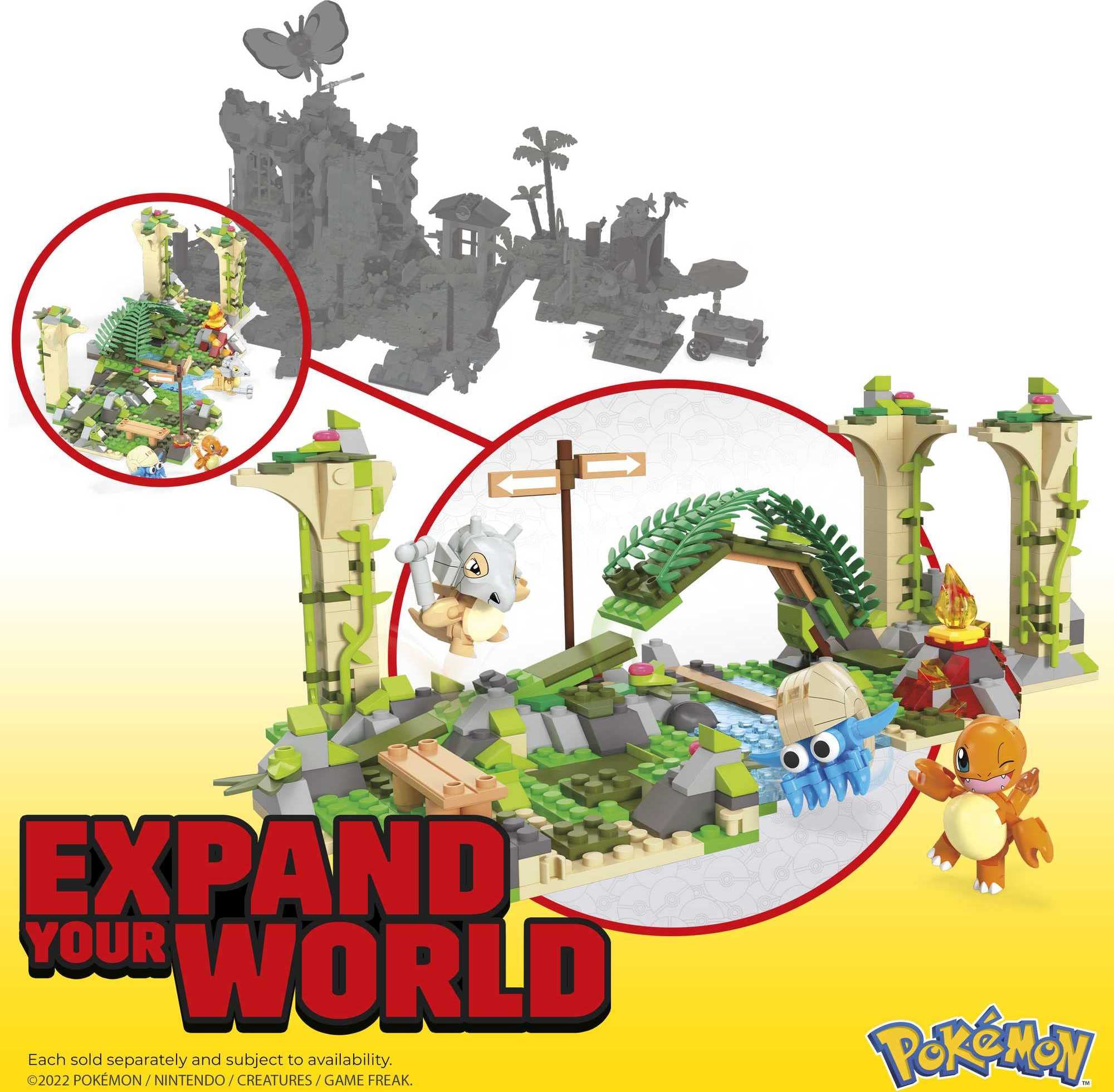 MEGA Pokémon Action Figure Building Toy, Jungle Ruins with 464 Pieces, Motion and 3 Characters, Cubone Charmander Omanyte, Gift Idea for Kids