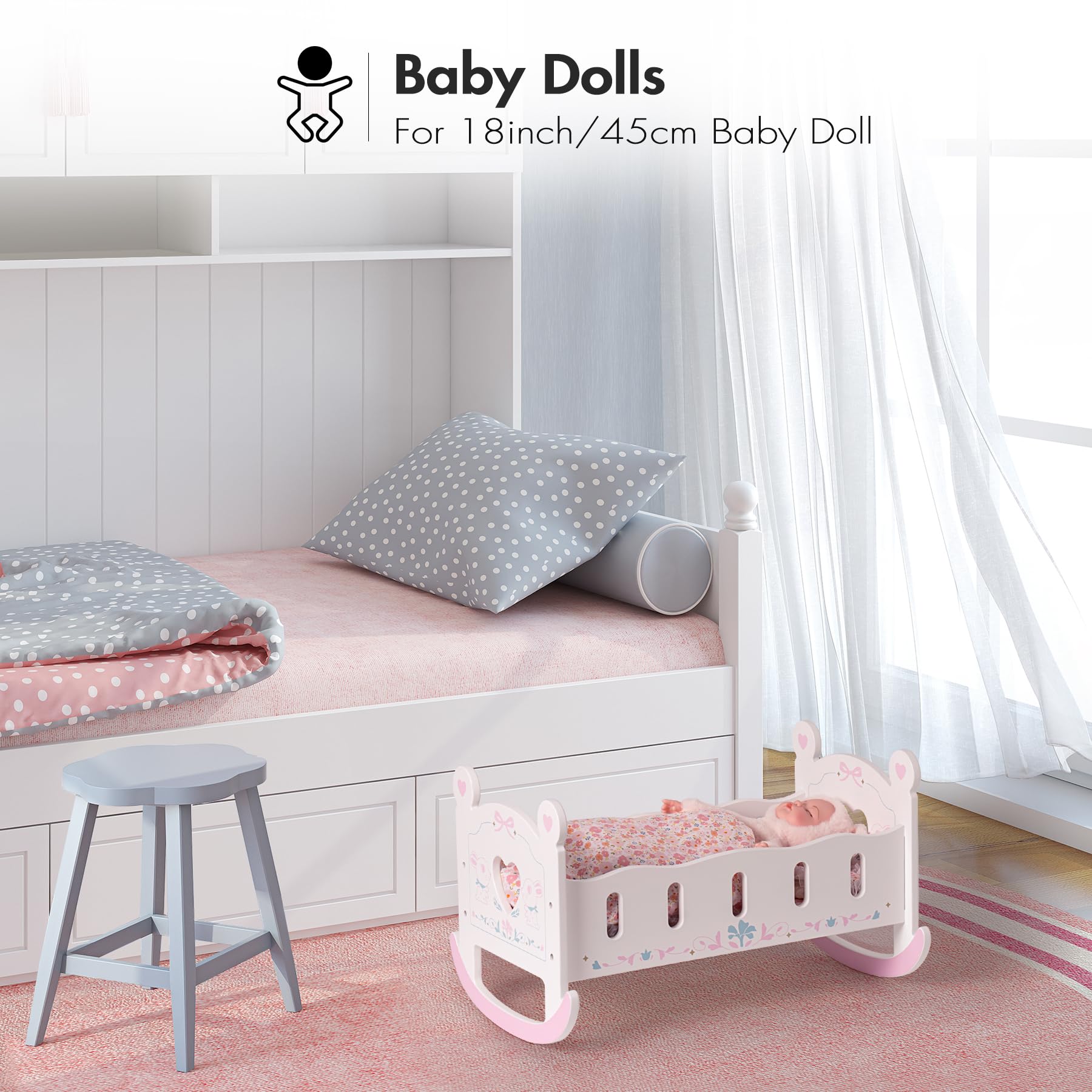 ROBUD Wooden Baby Doll Crib, Baby Doll Bed Toys, for Dolls Up to 18 Inch, Doll Accessories - with Pad