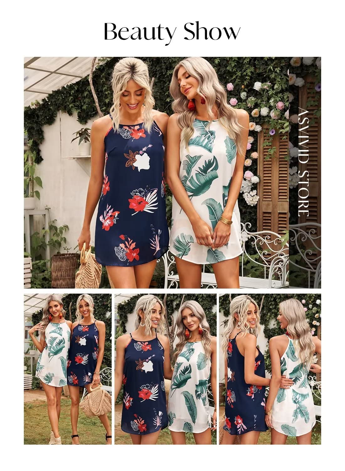 Asvivid Womens Halter Palm Leaf Floral Casual Dresses Summer Beach Dress Sleeveless Short Sundresses XS-XL