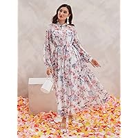 Women's Dress Floral Print Belted Shirt Dress (Color : Multicolor, Size : X-Small)