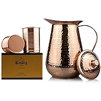 Copper Pitcher With Lid - 68 Oz And Cups 12 Oz - Drink More Water Lower Your Sugar Intake And Enjoy The Health Benefits Immediately - Pure Copper Handmade Hammered Jug - The Best Bedside Carafe