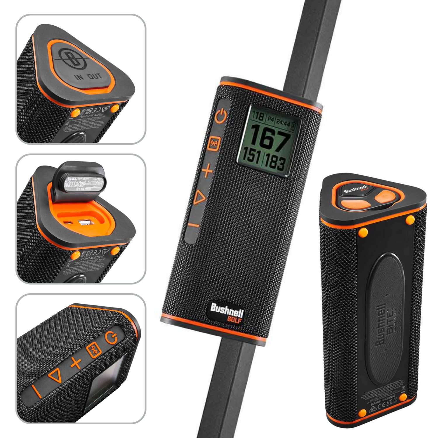 Bushnell Wingman View Golf GPS Bluetooth Speaker with Wearable4U Ultimate Black Earbuds and Wall and Car Chargers Bundle