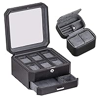 ROTHWELL Gift Set 6 Slot Leather Watch Box and 2 Watches Travel Case - Luxury Watch Case Organiser, Storage Boxes Holder Glass Lid (Black/Grey Gift Set)