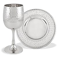 Zion Judaica Elegant Passover Kiddush Cup Goblet Set Gift Boxed Hammered Metal Silver Wine Cup with Coaster Engraved Laser Cut Wine Blessing Pesach Seder Footed Wine Goblet 5.5 oz Stemmed Shabbat Cup