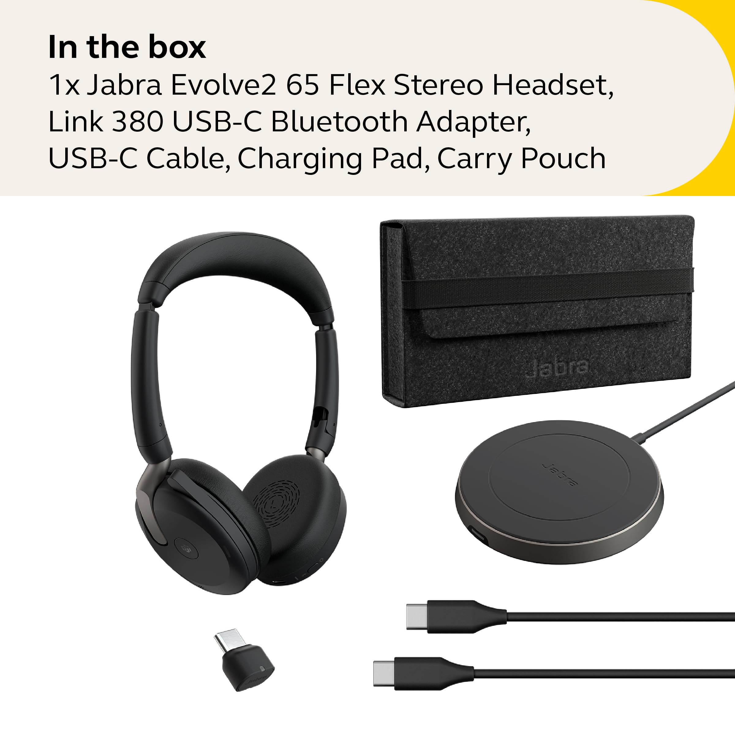 Jabra Evolve2 65 Flex Stereo Headset with Bluetooth, Wireless Charging Pad - Noise-Cancelling ClearVoice Technology & Hybrid Active Noise Cancellation - Certified for Microsoft Teams - Black