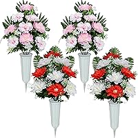XONOR Artificial Cemetery Flowers, Spring Memorial Bouquet with Vase, Outdoor Grave Flowers Decorations, Artificial Dahlia Bouquet for Graveyard, Headstone Decoration, Set of 4