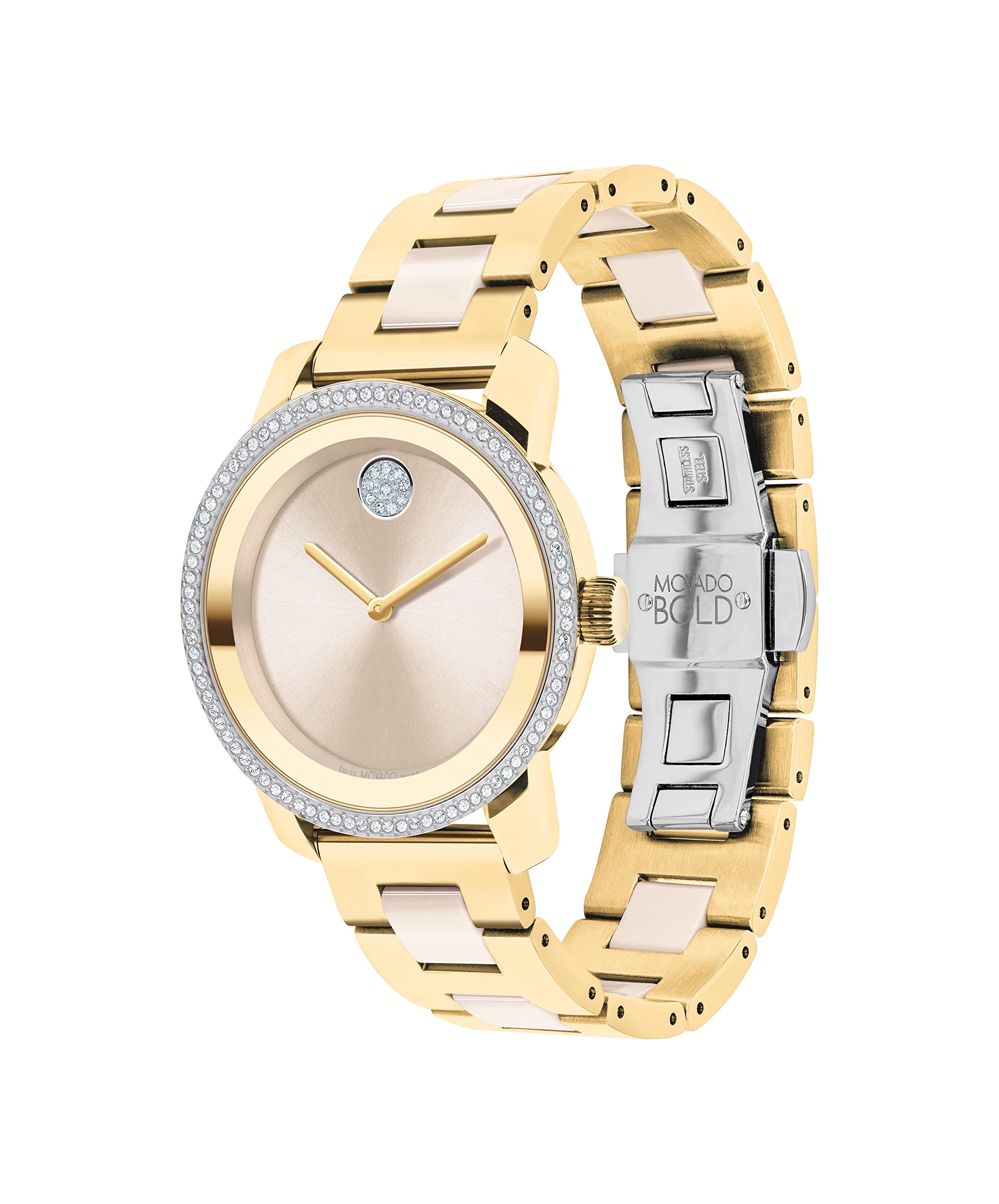 Movado Bold Iconic Women's Swiss Quartz 3600882 Ionic Plated Light Gold Steel & Crystal Case and Link Bracelet Watch, Color: Two Tone