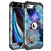Rancase for iPhone SE 2022/2020 Case,Three Layer Heavy Duty Shockproof Protection Hard Plastic Bumper +Soft Silicone Rubber Protective Case for Apple iPhone SE 2022/2020 4.7 inch,Blue Mandala