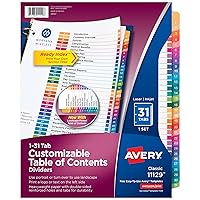 Avery 1-31 Tab Dividers for 3 Ring Binders, Customizable Table of Contents, Multicolor Tabs, 1 Set (11129)