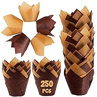 Baking Cups Cupcake Wrappers Set - 250 Pcs Brown Greaseproof Tulip Paper Cake Tin Liners and Natural Color Tulip Baking Parchment Papers for Muffins Cupcakes Mini Snacks Wedding Birthday Party