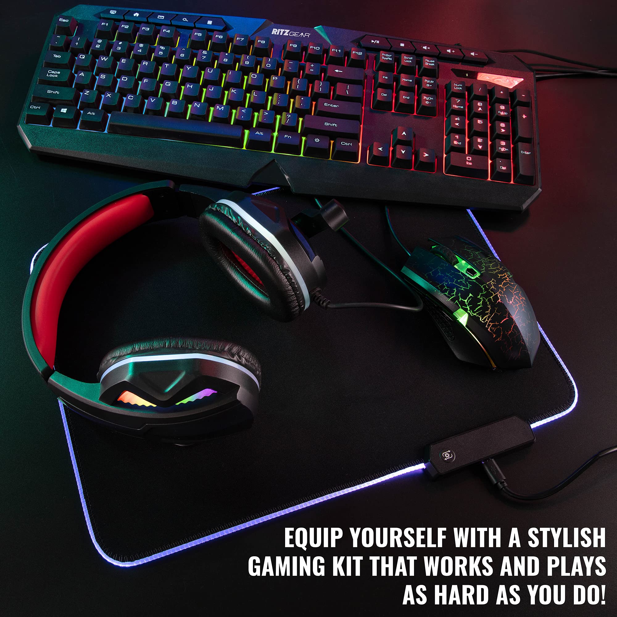 Ritz Gear RGB Gaming Accessories Kit I 4-in-1 LED Combo with Multimedia Keyboard, Optical Mouse, Mouse Pad & Headset with Adapter for Windows 7+ Desktop, Laptop, Xbox & PS4 & CR3-X Bluetooth Monitors