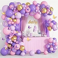 Purple Pink Butterfly Balloon Garland Arch Kit, Butterfly Baby Shower Decorations for Girl Women, Pink and Purple Gold Confetti balloons for Purple Birthday Party Mothers Day Bridal Shower Decorations