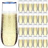 Norme 24 Pcs 9 oz Plastic Champagne Flutes Stemless Plastic Champagne Glasses Shatterproof Mimosa Glasses Rim Wedding Toasting Flutes Unbreakable Disposable Clear Champagne Cups for Party (Blue)