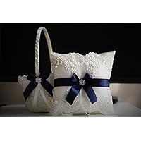 Blue Wedding Basket + Navy Bearer Pillows + Guest Book with Pen + Bridal Garter Set Lace Ring Bearer Pillow + Flower Girl Basket Set