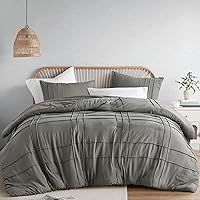 Comfort Spaces Grey Queen Comforter Set - 3 Pieces Pintuck Pleated Farmhouse Bedding Sets Queen, All Season Lightweight, Cotton-Like Softness Pre-Washed Microfiber Queen Bed Set, Shams, Full/Queen