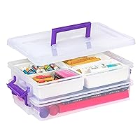 IRIS USA 9.4Qt 2 Layer Stack and Carry Storage Containers with Bulked-Up Lid, Clear/Violet