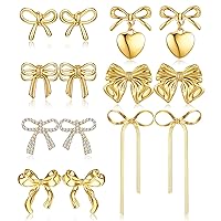 THUNARAZ Bow Clip on Earrings for Women Girls 14K Gold Plated Statement Earrings Clips Non Piercing Ribbon Long Dangle Drop Tassel Clip-on Earrings Sparkly Jewelry Gift Set