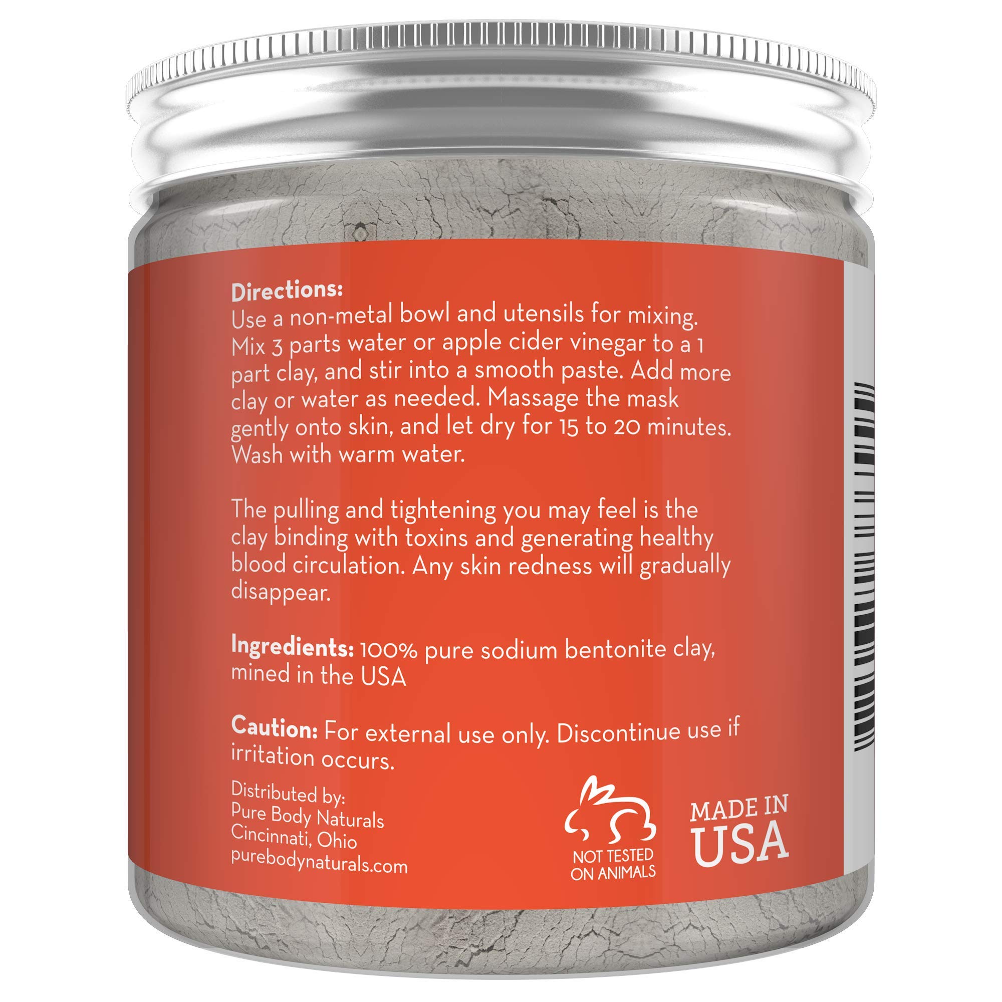 Pure Body Naturals Pure Bentonite Powder for DIY Detox Bath & Facial Mask, Pure Indian Healing Clay for Burns, Mastitis, Inflamed or Chapped Skin (8.0 oz)