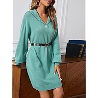 TLULY Sweater Dress for Women Drop Shoulder Button Half Placket Sweater Dress Without Belt Sweater Dress for Women (Color : Cadet Blue, Size : Small)