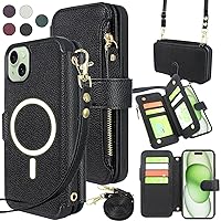 Harryshell Crossbody for iPhone 15 Plus Case Wallet Compatible with MagSafe Wireless Charging Multi Card Slots Cash Coin Zipper Pocket Shoulder Wrist Strap for iPhone 15 Plus / 14 Plus (Black)