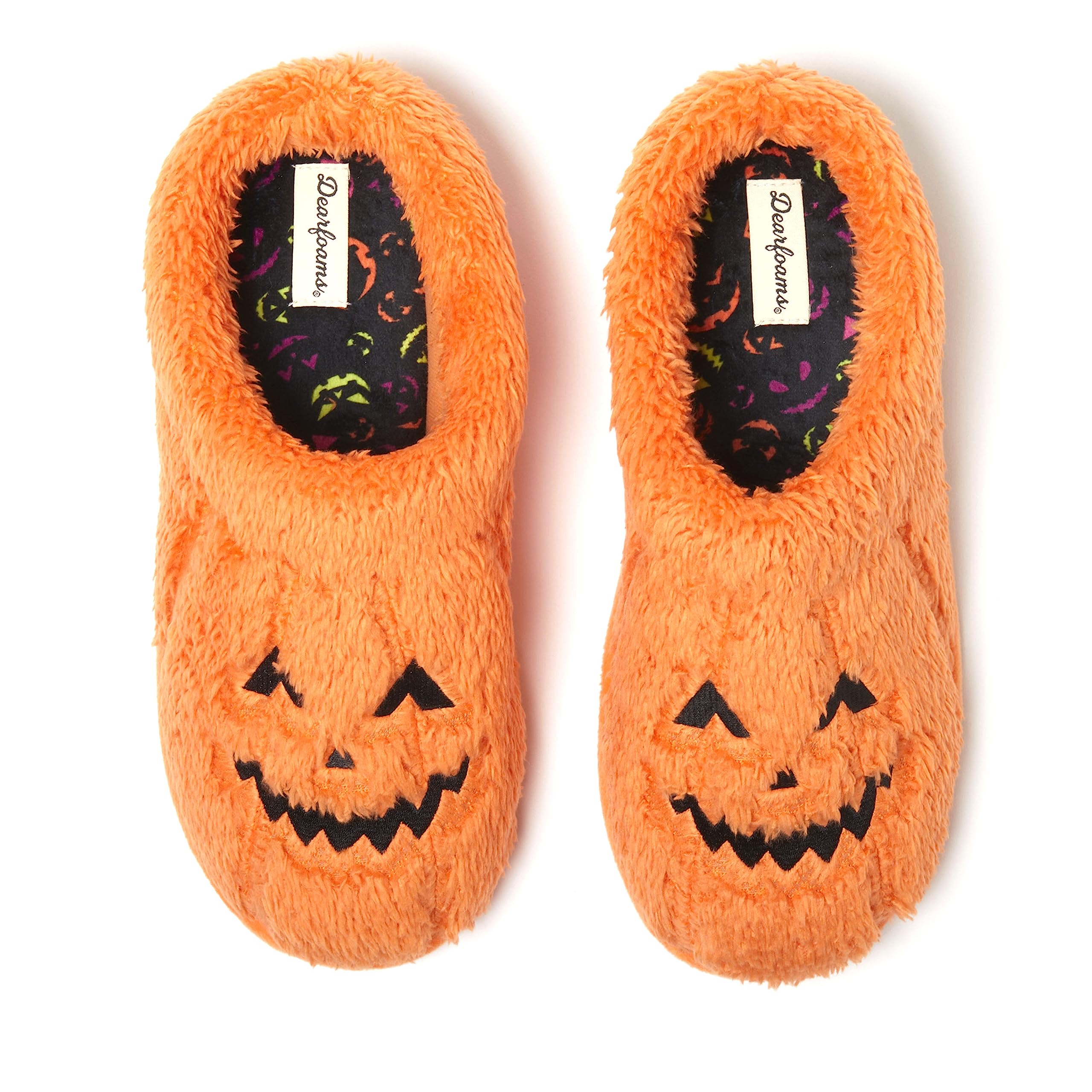 Dearfoams Unisex-Adult Spooky Fuzzy Halloween Pumpkin Jack O Lantern Slipper