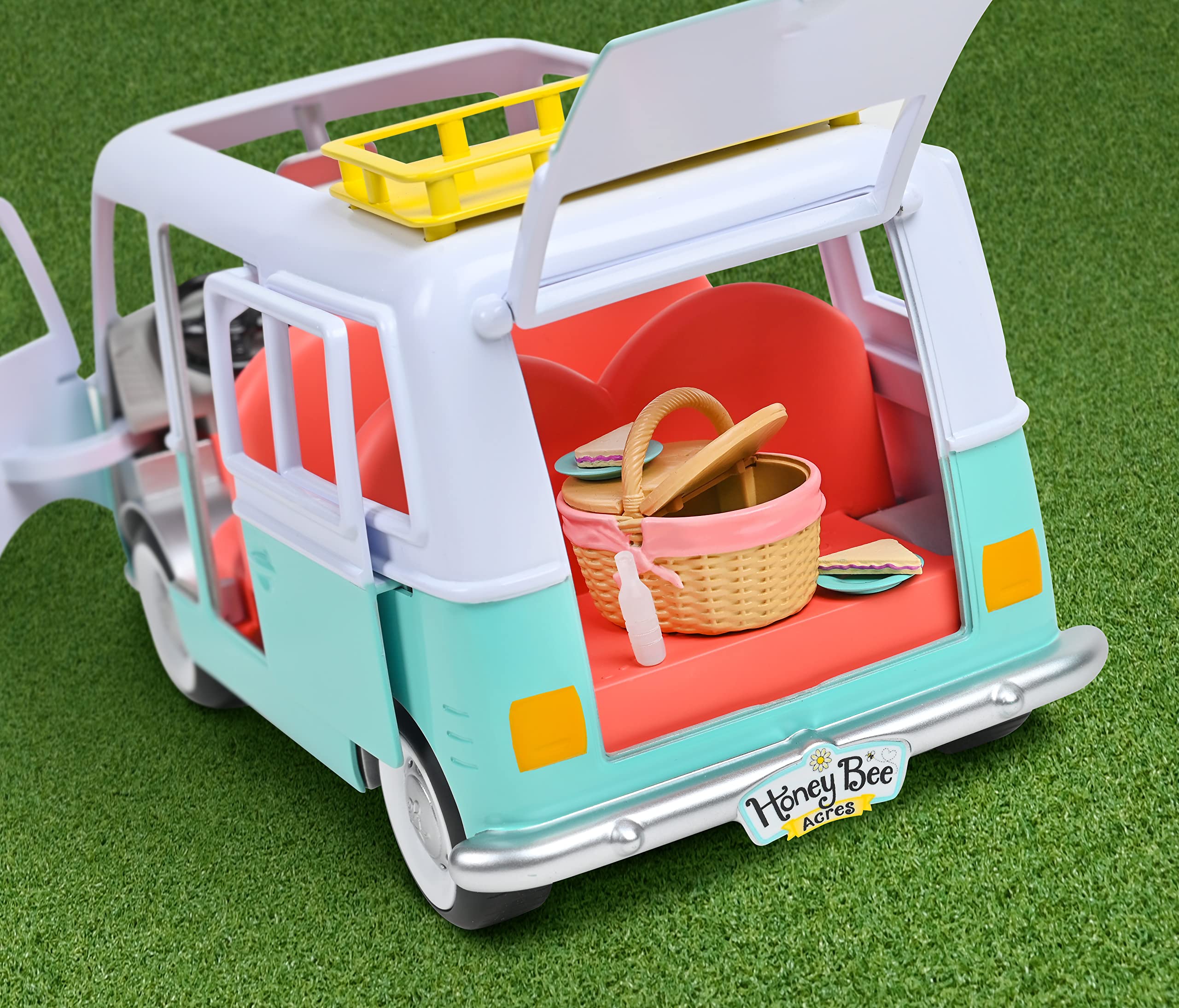 Sunny Days Entertainment Honey Bee Acres Around Town Van - 14 Accessory Pieces and Exclusive Doll | Flocked Collectible Figures