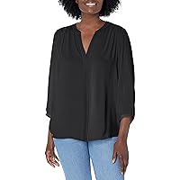 NYDJ Women's Pintuck Blouse 3/4 Sleeve, Black, XL