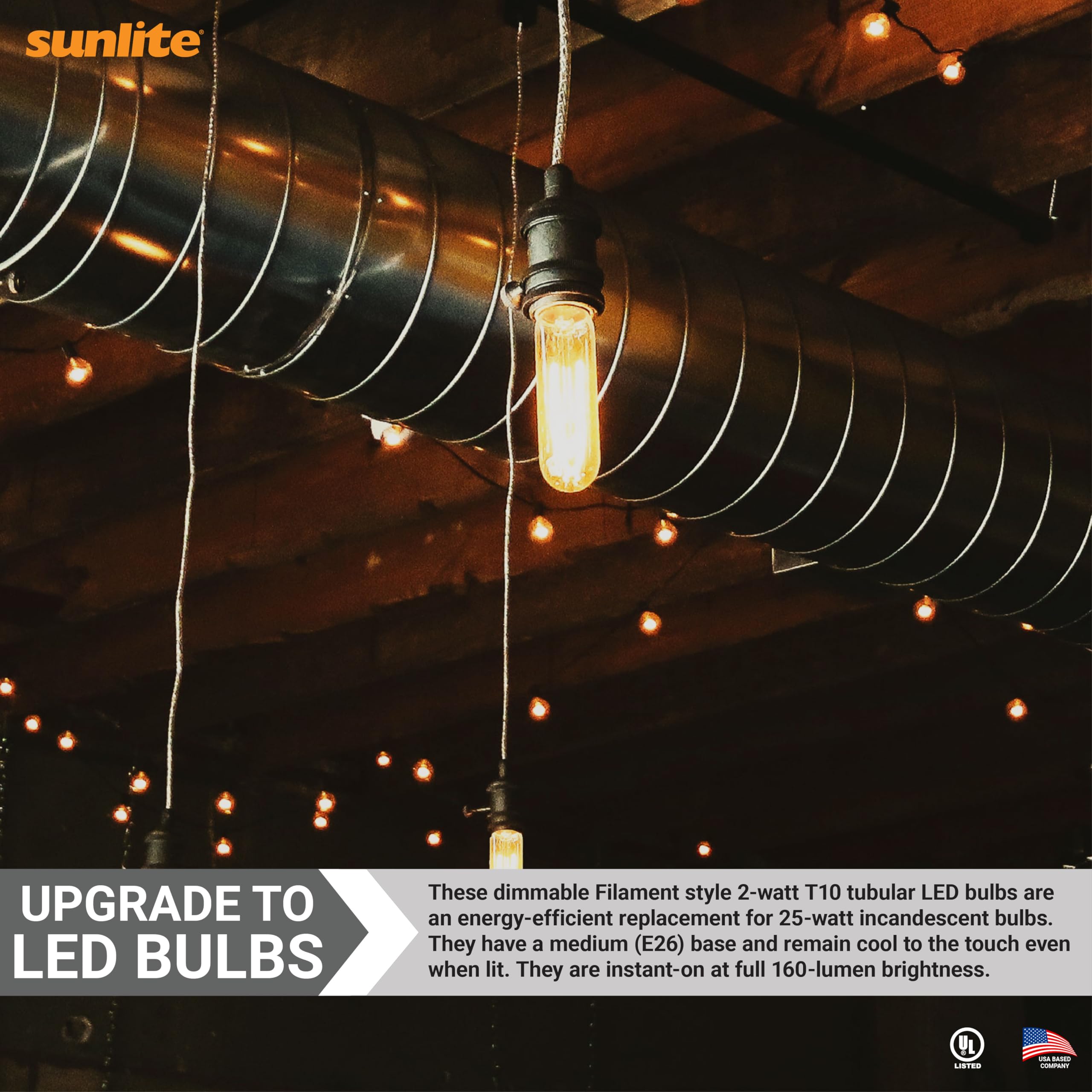 Sunlite LED Filament T10 Tubular Light Bulb, 2 Watts (25W Equivalent), 160 Lumens, Medium E26 Base, 120 Volts, Dimmable, 90 CRI, UL Listed, Clear, 3000K Warm White, 1 Pack