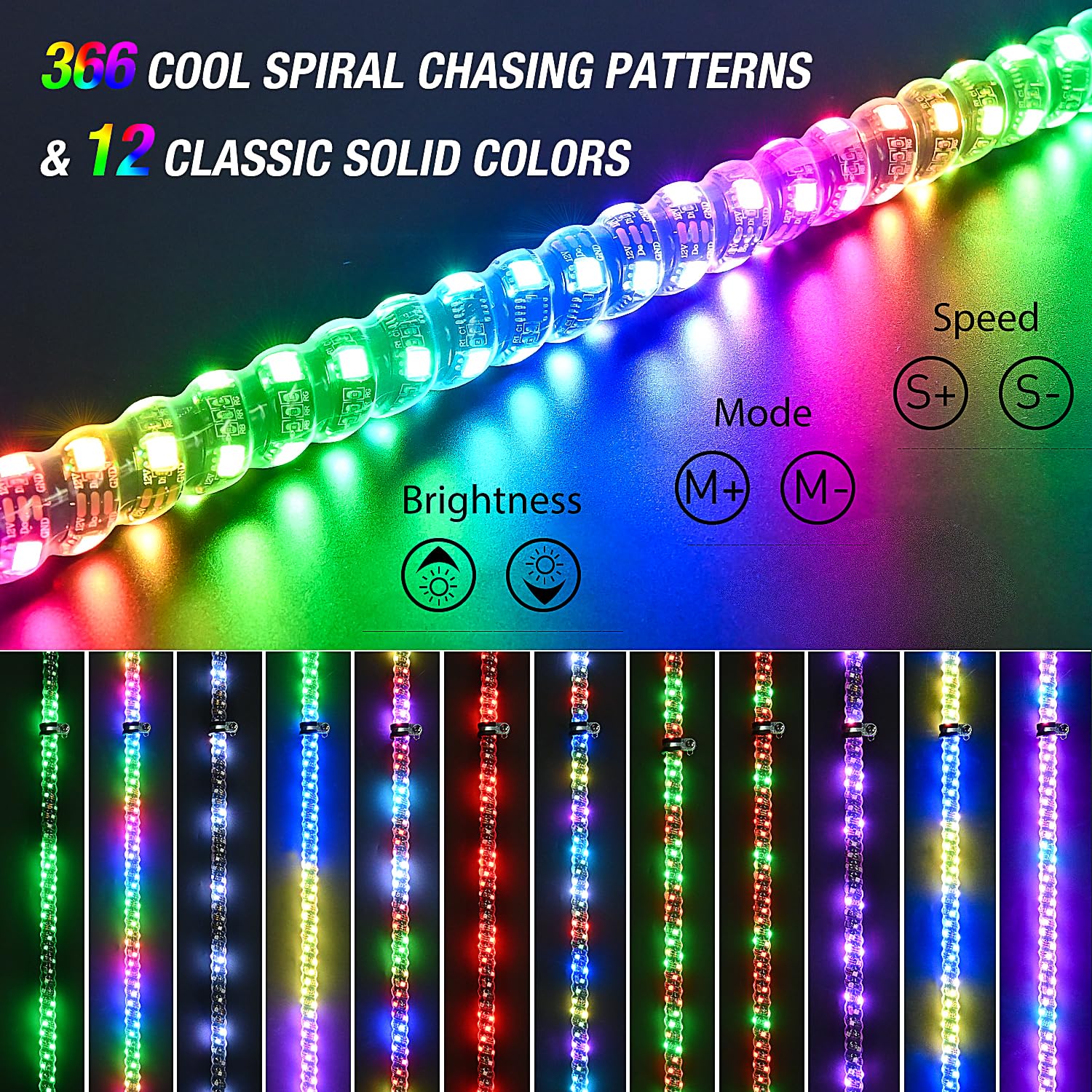Nilight 1PC 2FT Spiral RGB Led Whip Light w/RGB Chasing/Dancing Light RF Remote Control Lighted Antenna Whips for Can-am ATV UTV RZR Polaris Dune Buggy 4-Wheeler Offroad Truck, 2 Year Warranty
